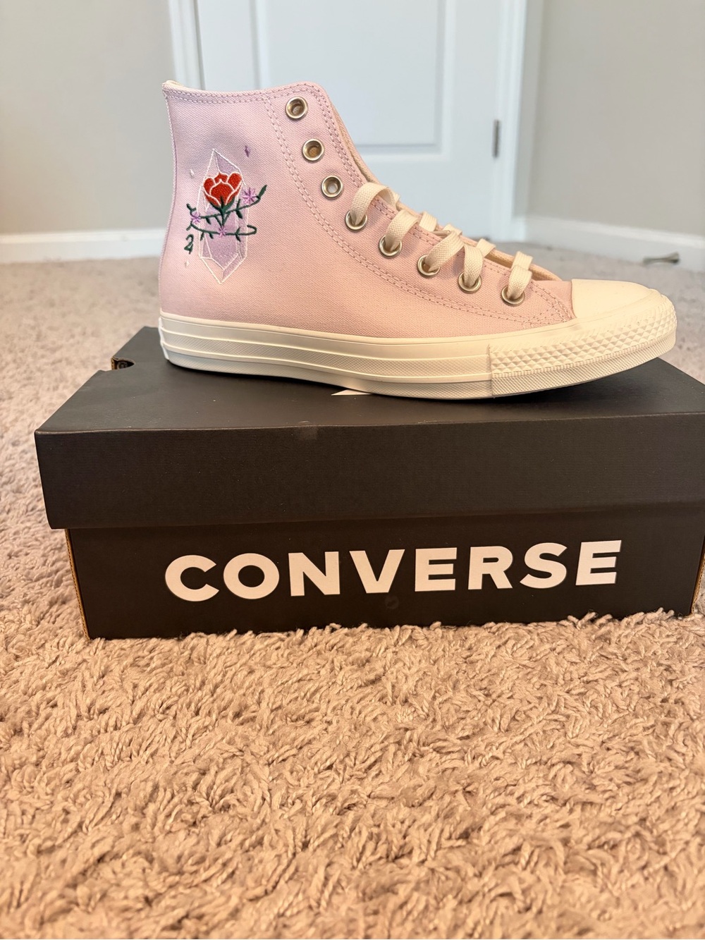 Converse Pink High-Top Canvas Sneakers with Floral Embroidery